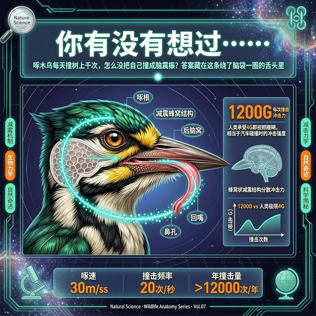 啄木鸟的舌头居然绕了脑袋一圈